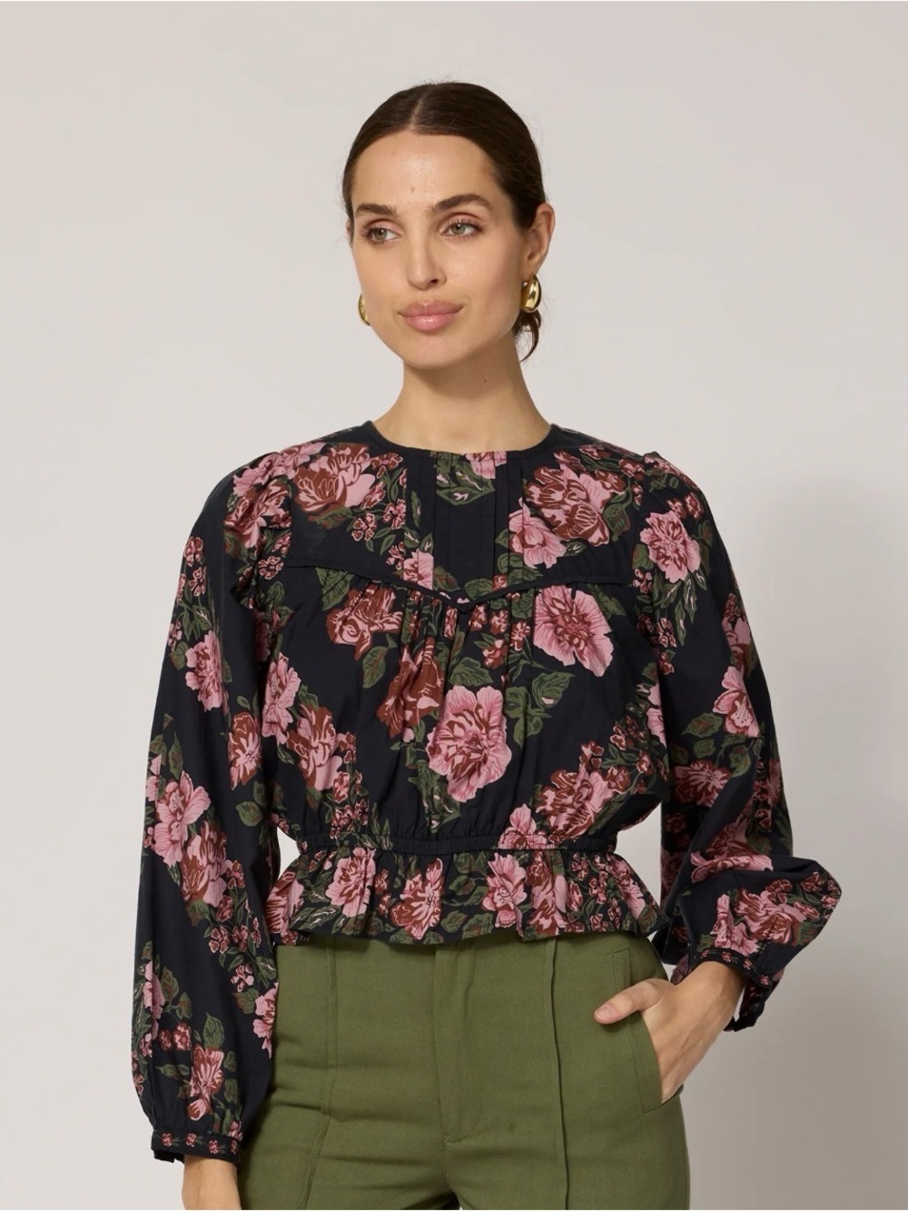 Cleobella Black Blouse with Pink Floral Print